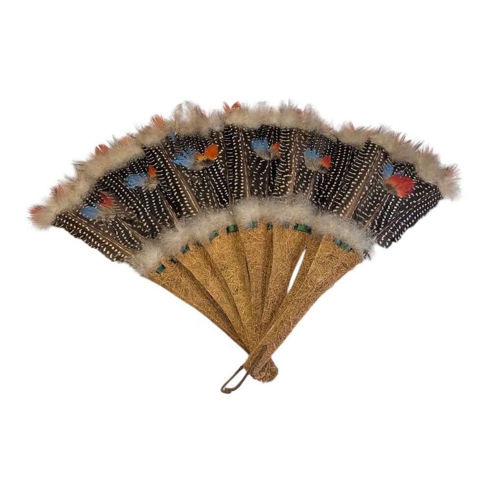 Vintage Guinea Fowl Feather Fan Handmade Folk Art Primitive Ethnic Decor